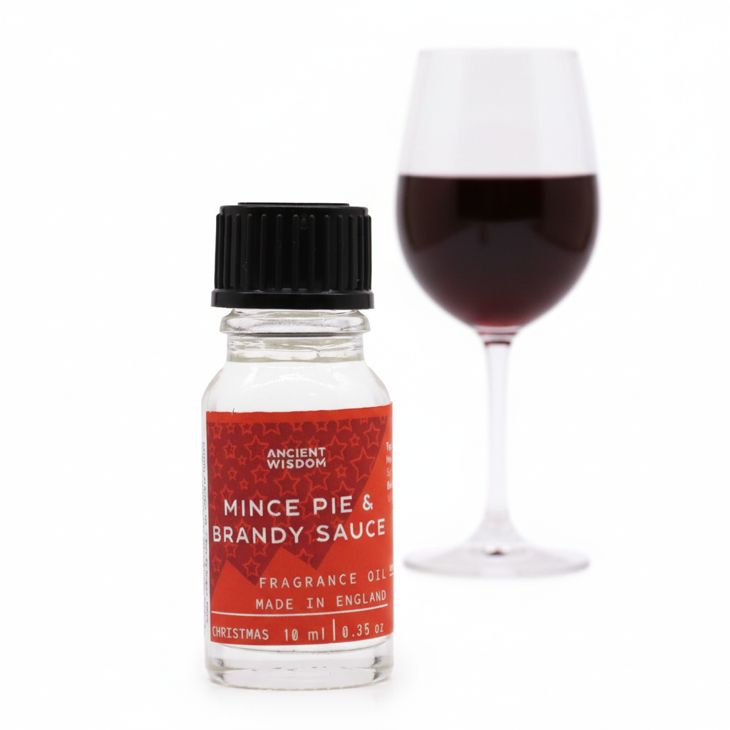 Mince Pie & Brandy Sauce Fragrance Oil 10ml packaging highlighting the rich mince pie scent ideal for festive gifting and home ambiance.