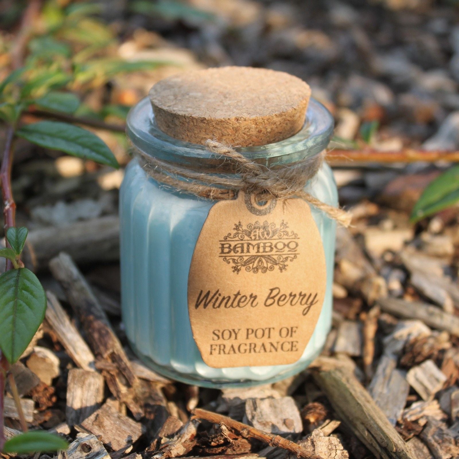 Winter Berry Soy Wax Candle nestled among natural elements, embodying eco-friendly charm – an enchanting Christmas gift for creating comforting home fragrances.