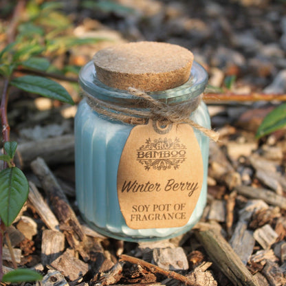 Winter Berry Soy Wax Candle nestled among natural elements, embodying eco-friendly charm – an enchanting Christmas gift for creating comforting home fragrances.