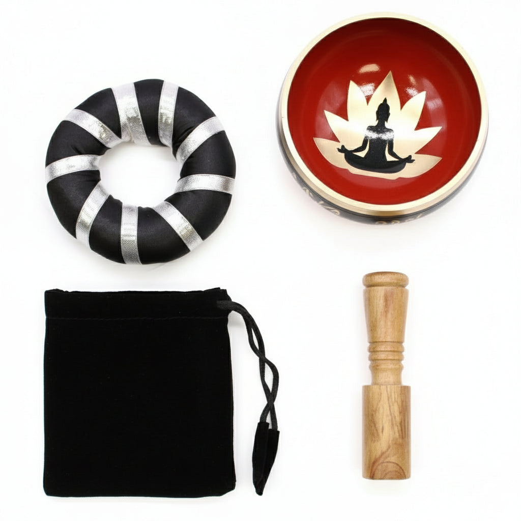 Buddha Singing Bowl Set – Black/Orange 10.7cm for Meditation, including a bowl with a decorative lotus design, mallet, and pouch, designed for a fulfilling meditation experience. This makes a thoughtful Christmas gift for home fragrance lovers.
