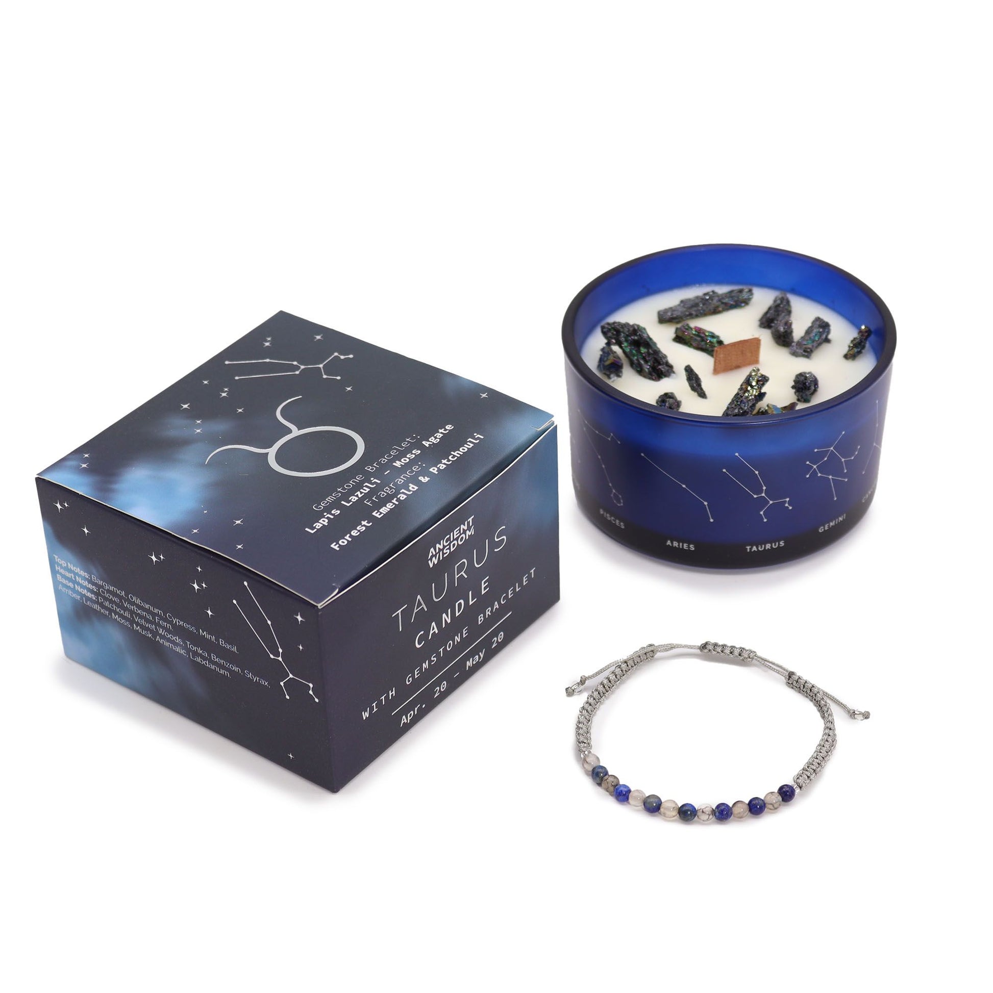 Zodiac Crystal Candle with Gemstone Bracelet - Taurus, featuring the candle adorned with natural gemstones, presenting a rich forest emerald and patchouli scent. An ideal Christmas gift for enhancing home fragrance.