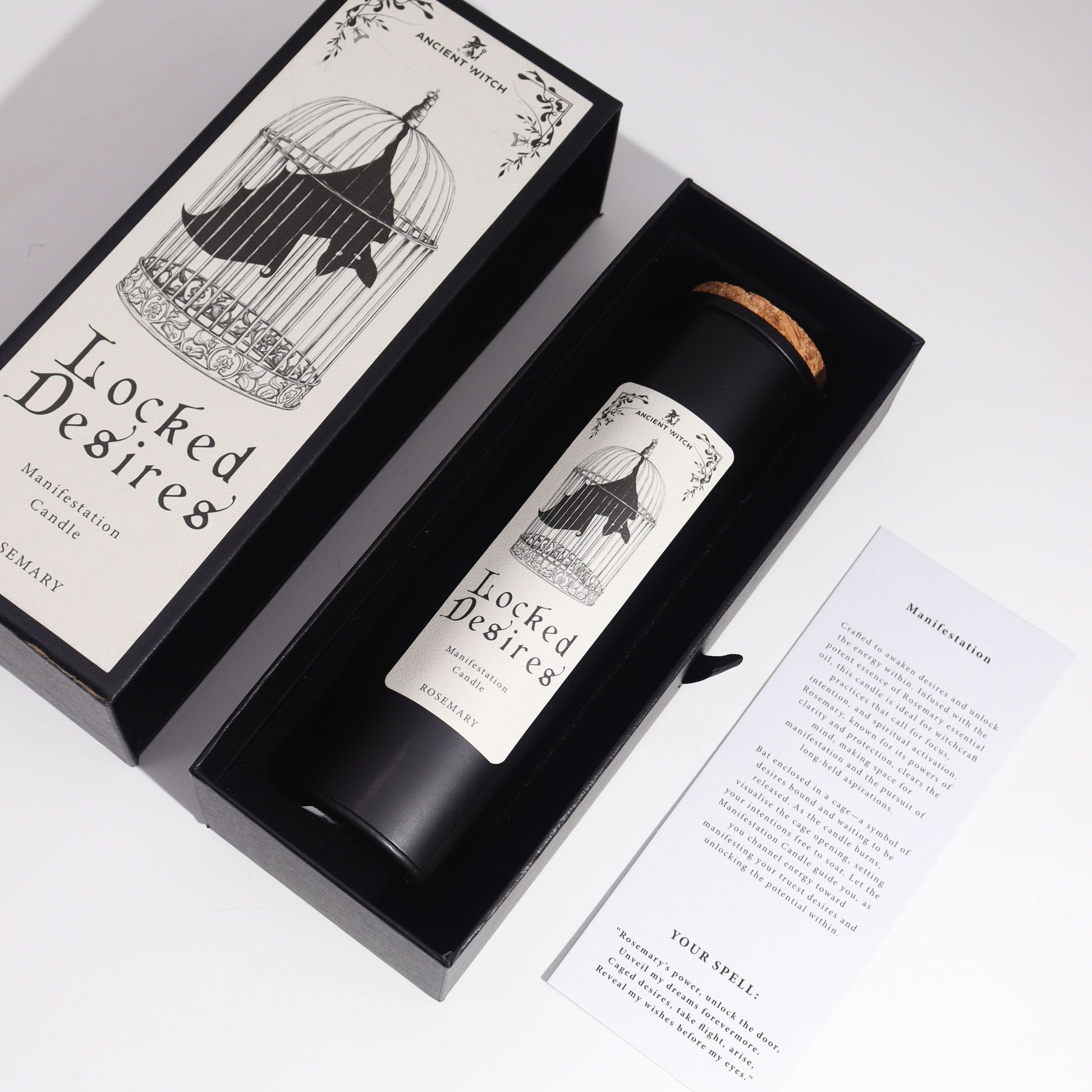 Rosemary Manifestation Candle – Unlock Your Hidden Desires beautifully packaged in an elegant box, featuring a striking design of a bat in a cage. This enchanting candle is a perfect Christmas Gift Home Fragrance, ideal for setting intentions and elevating your space.