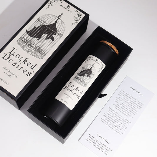 Rosemary Manifestation Candle â€“ Unlock Your Hidden Desires beautifully packaged in an elegant box, featuring a striking design of a bat in a cage. This enchanting candle is a perfect Christmas Gift Home Fragrance, ideal for setting intentions and elevating your space.