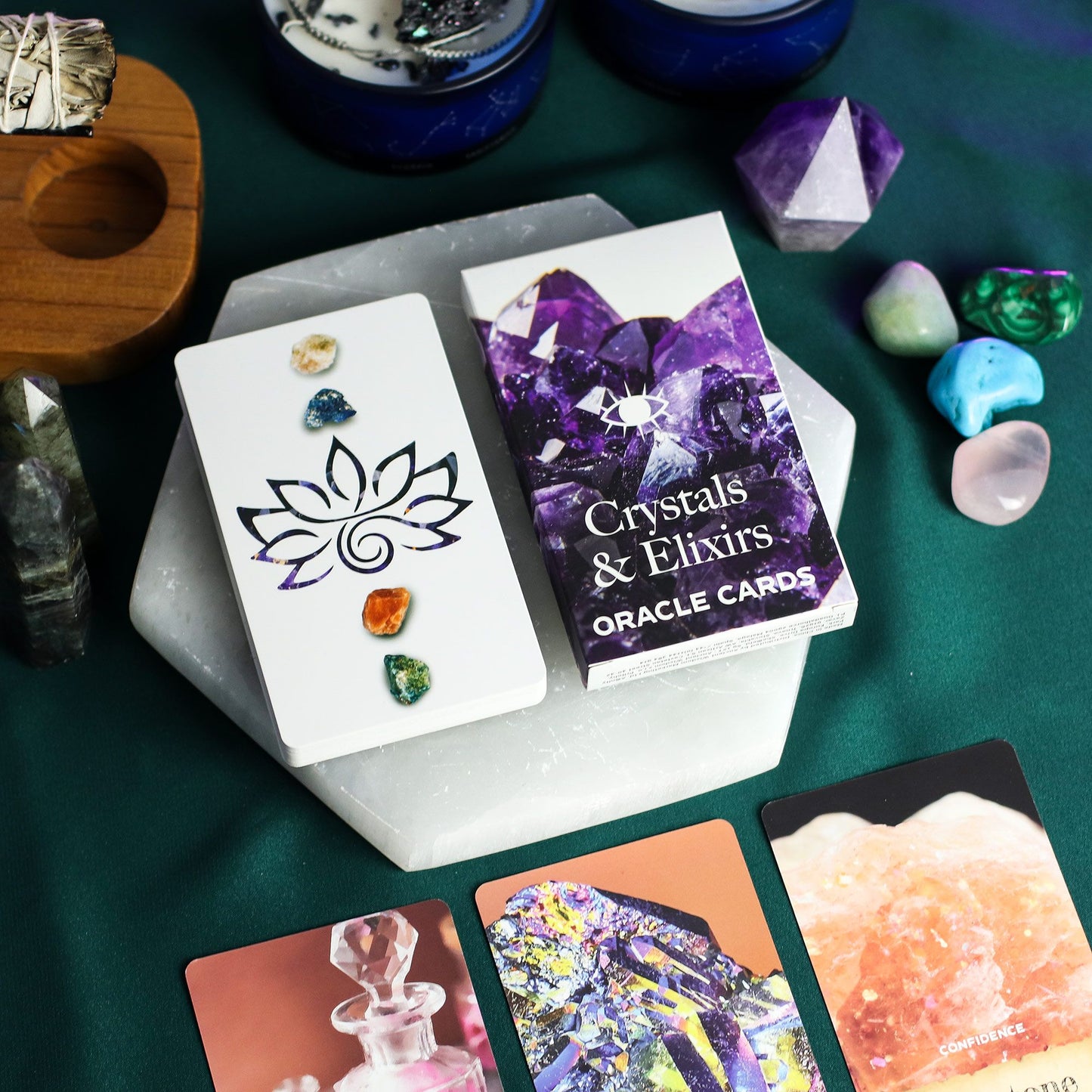 Crystals & Elixirs Oracle Cards – 40 Card Healing Energy Deck displayed with vibrant crystals on a stylish surface, showcasing its potential as a thoughtful {{scent}} {{product_type}} – Christmas Gift Home Fragrance.