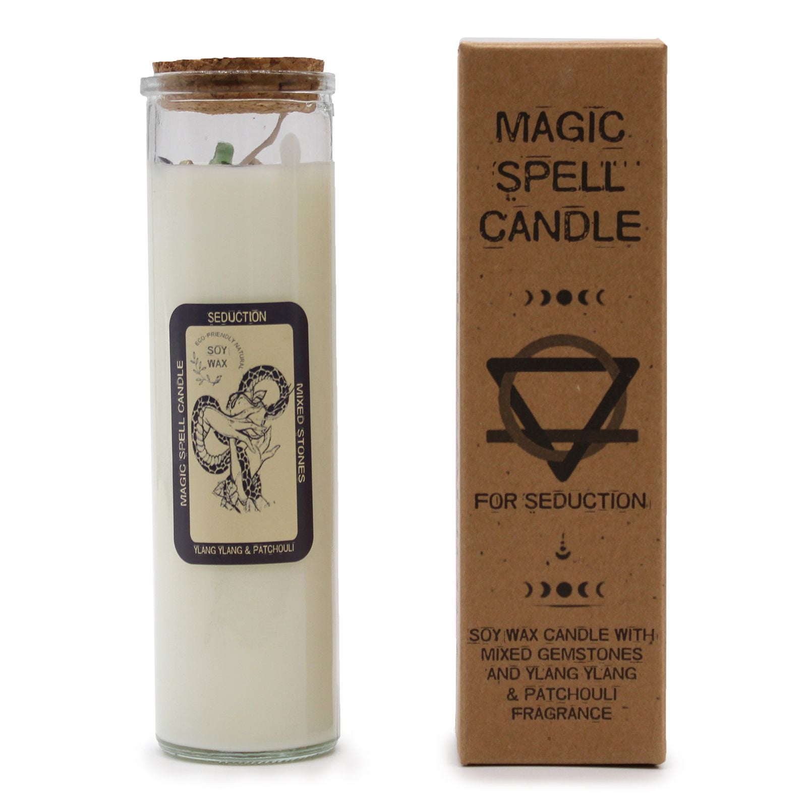 Seductive Spell Candle with Gemstones - Ylang Ylang & Patchouli in a clear glass jar, designed for Christmas Gift Home Fragrance