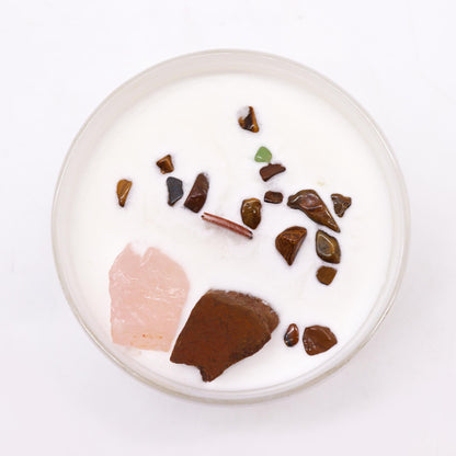 Sacral Chakra Candle with Tiger Eye & Rose Quartz – Ignite Creativity. A top view of the chakra candle showcasing its gemstone infusion and soothing appearance, ideal as a Christmas gift and home fragrance.