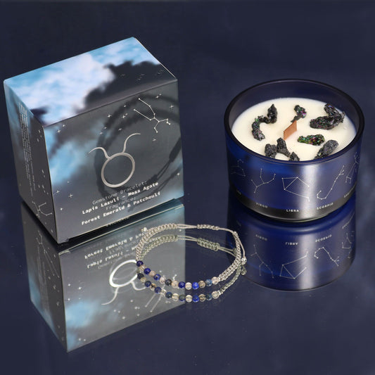 Zodiac Crystal Candle with Gemstone Bracelet - Taurus, showcasing the candle with a forest emerald and patchouli scent, along with a beautiful lapis lazuli and moss agate bracelet. Perfect as a Christmas gift for home fragrance lovers.