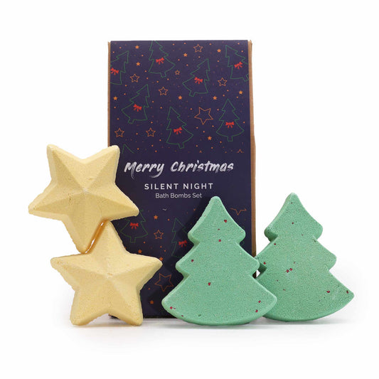 Silent Night Christmas Bath Bomb Gift Pack featuring two green Christmas tree bath bombs and two yellow star bath bombs, perfect for holiday gifting. The set combines festive scents for a delightful Christmas Gift Home Fragrance.