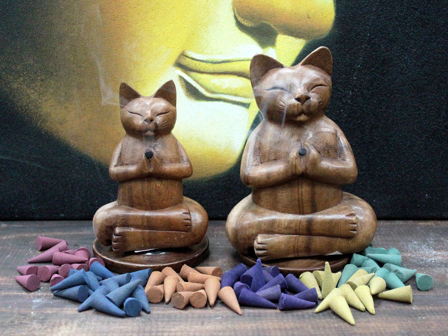 Handcrafted Wooden Yoga Cat Incense Burner – Perfect Unique Gift for Cat Lovers, featuring larger and smaller wooden cats in a serene posture with an array of incense cones in vibrant colours. Ideal for enhancing your space – Christmas Gift Home Fragrance.