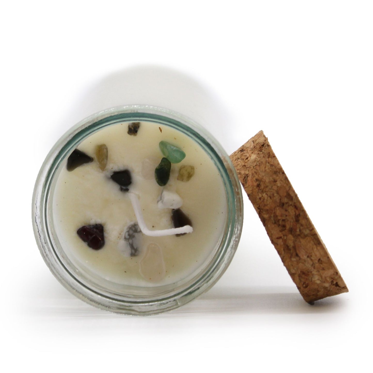 Top view of Seductive Spell Candle with Gemstones - Ylang Ylang & Patchouli, showcasing mixed gemstones inside, perfect for Christmas Gift Home Fragrance