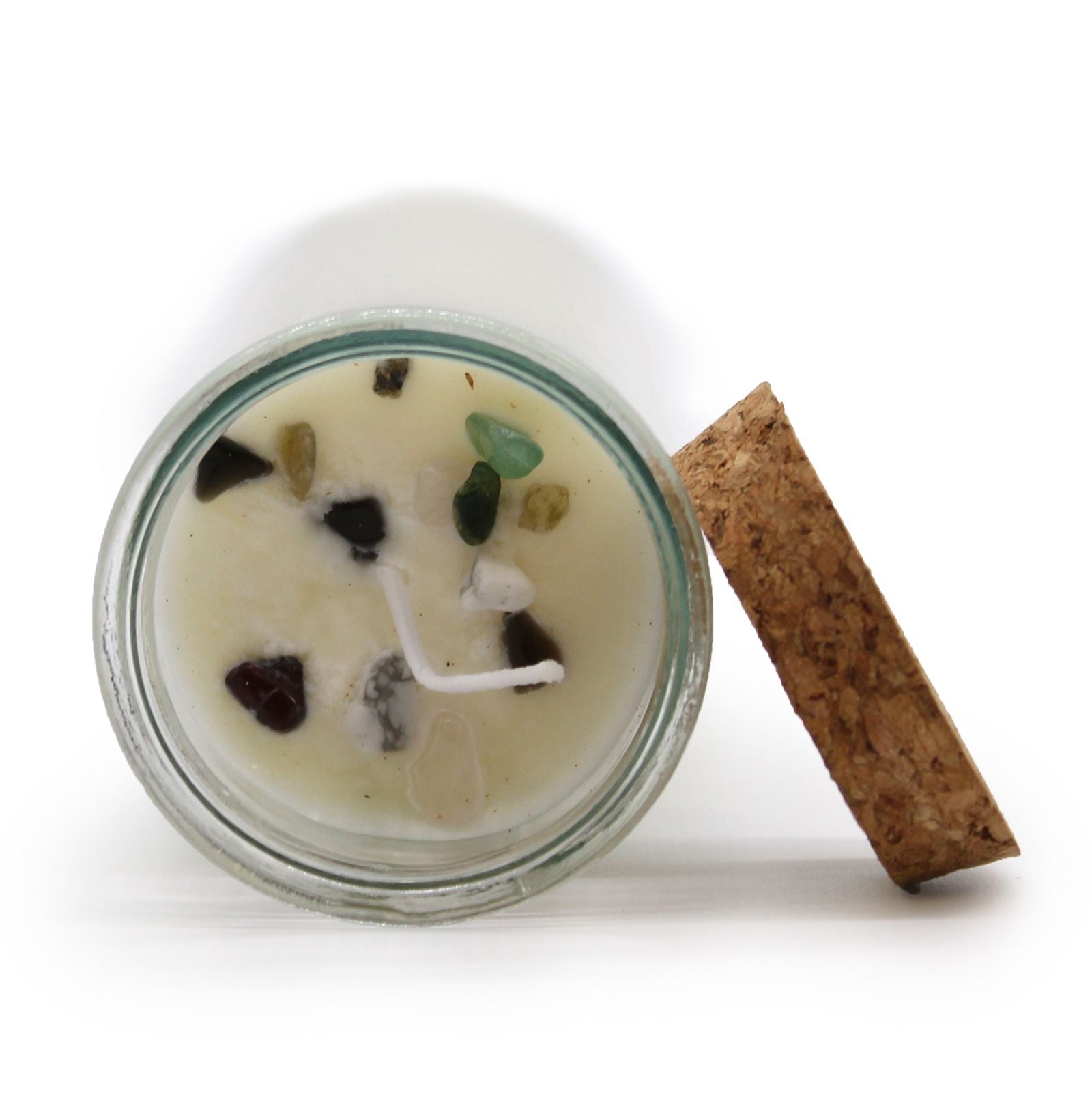 Top view of Seductive Spell Candle with Gemstones - Ylang Ylang & Patchouli, showcasing mixed gemstones inside, perfect for Christmas Gift Home Fragrance