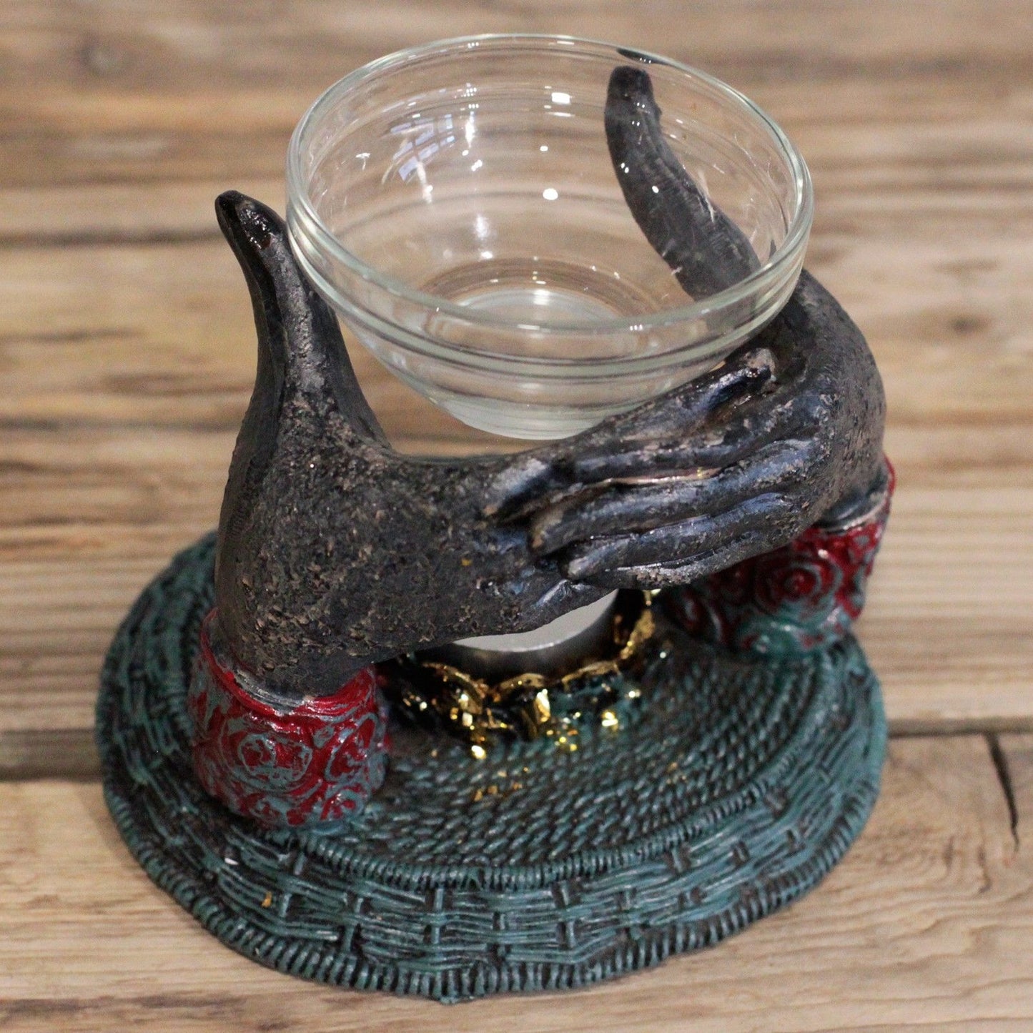 Antique Buddha Om Hands Oil Burner – Zen Home Decor featuring a unique oil burner held in sculpted hands, designed to enhance relaxation with beautiful fragrances. A wonderful choice for anyone seeking a Christmas Gift Home Fragrance.