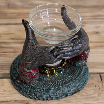 Antique Buddha Om Hands Oil Burner – Zen Home Decor featuring a unique oil burner held in sculpted hands, designed to enhance relaxation with beautiful fragrances. A wonderful choice for anyone seeking a Christmas Gift Home Fragrance.