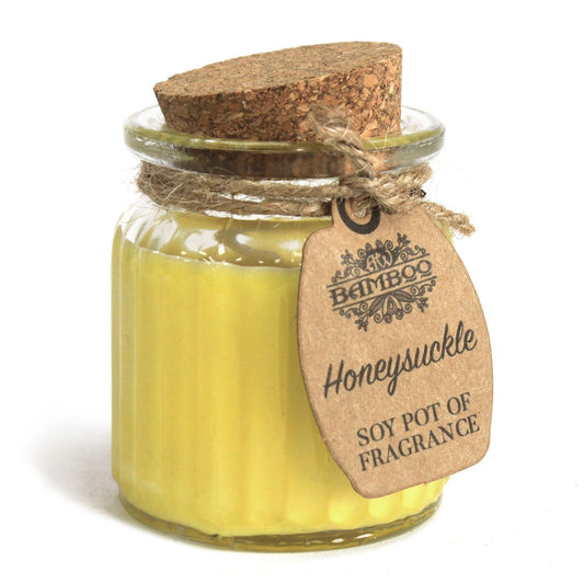 Honeysuckle Soy Candle in Reusable Glass Jar â€“ Eco-Friendly Gift showcasing a charming yellow candle in a stylish glass jar with a cork lid and jute twine label, perfect as a Christmas Gift Home Fragrance.