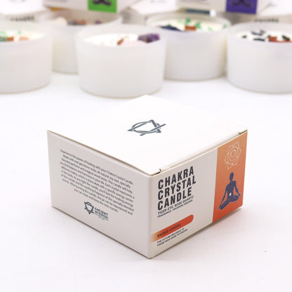 Sacral Chakra Candle with Tiger Eye & Rose Quartz – Ignite Creativity. A close-up of the elegant packaging of this chakra crystal candle, making it a perfect Christmas gift for enhancing your home fragrance.