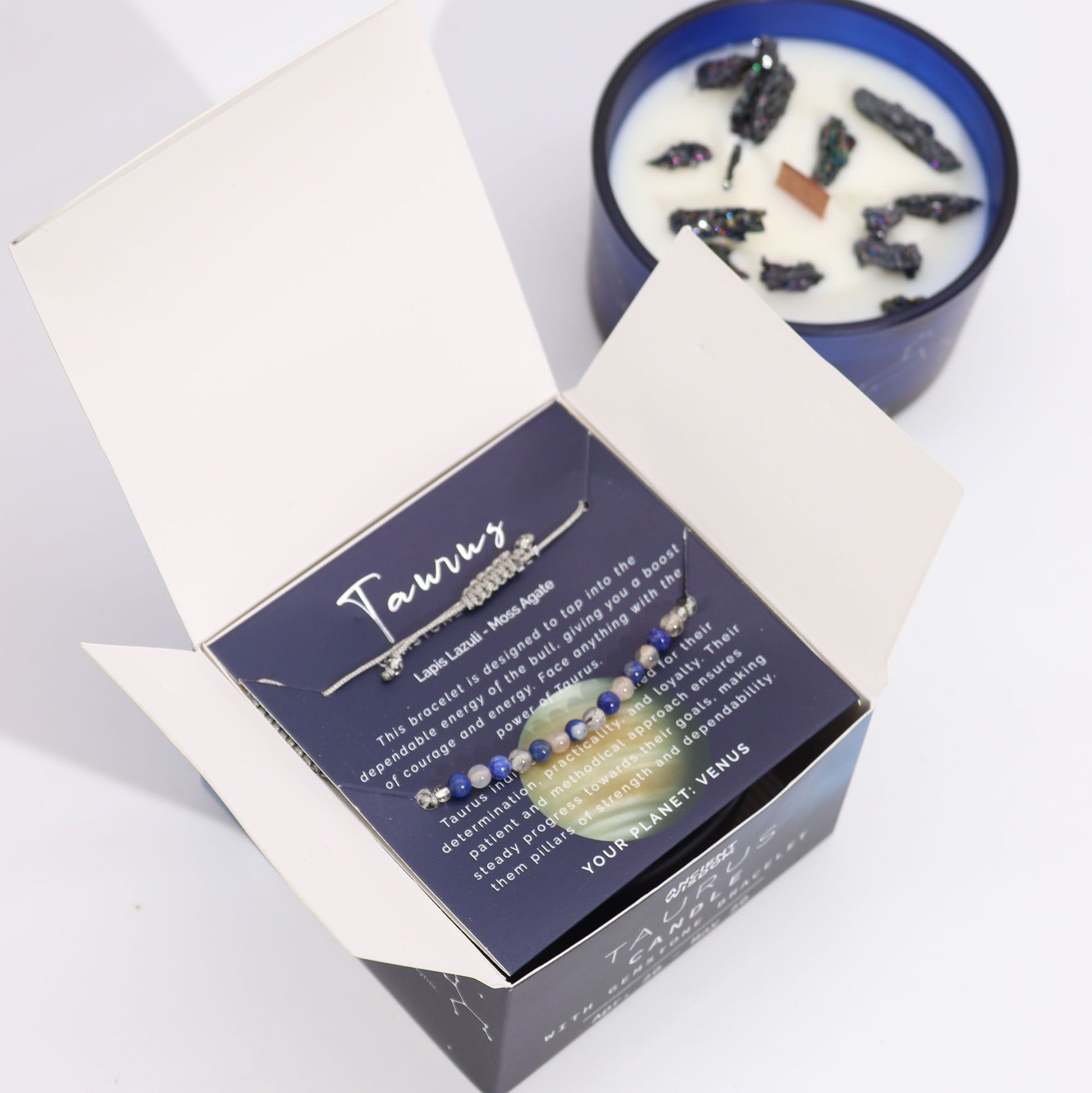 Zodiac Crystal Candle with Gemstone Bracelet - Taurus, captured with the bracelet displayed inside an open box alongside the scented candle. A thoughtful Christmas gift for anyone who loves home fragrance.