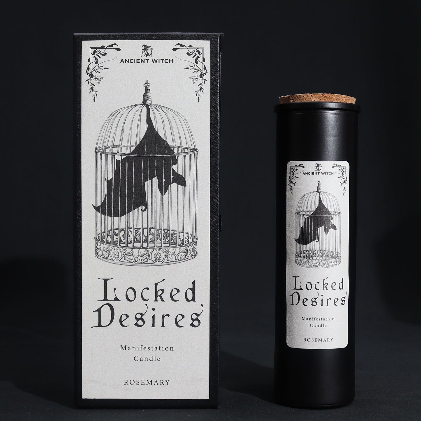A stylish presentation of the Rosemary Manifestation Candle next to its decorative box, ideal for gift giving. This candle not only serves as a wonderful scent but also enhances intention-setting, making it a great Christmas Gift Home Fragrance.
