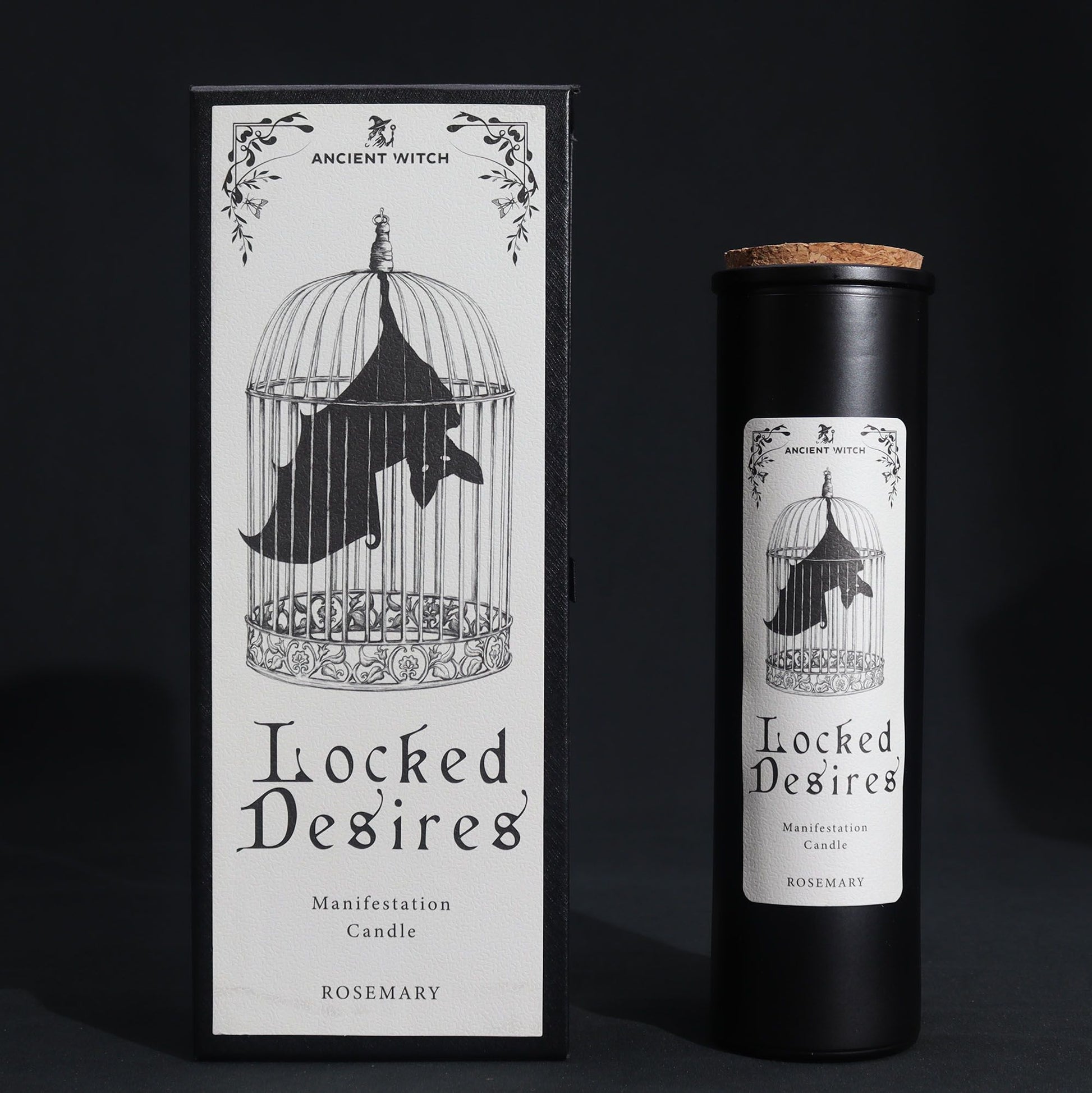 A stylish presentation of the Rosemary Manifestation Candle next to its decorative box, ideal for gift giving. This candle not only serves as a wonderful scent but also enhances intention-setting, making it a great Christmas Gift Home Fragrance.