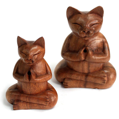 Close-up of two Hand-Carved Yoga Cat Incense Burners, highlighting their delightful designs. A perfect choice for cat lovers and an excellent Christmas gift for creating a lovely home fragrance.