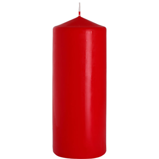 Bright Red Pillar Candle 80x200mm showcasing its vibrant hue, ideal for creating a festive atmosphere. Perfect as a Christmas gift with a long-lasting scent, making it a lovely home fragrance.
