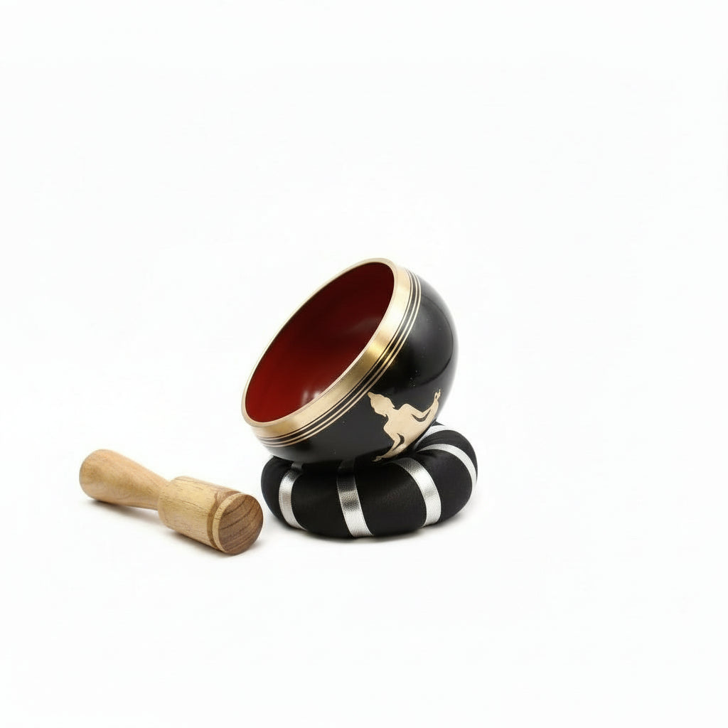 Buddha Singing Bowl Set – Black/Orange 10.7cm for Meditation, featuring the bowl with a chakras box and mallet, perfect for exploring sound healing. This is a fantastic Christmas gift for enhancing home fragrance and relaxation.