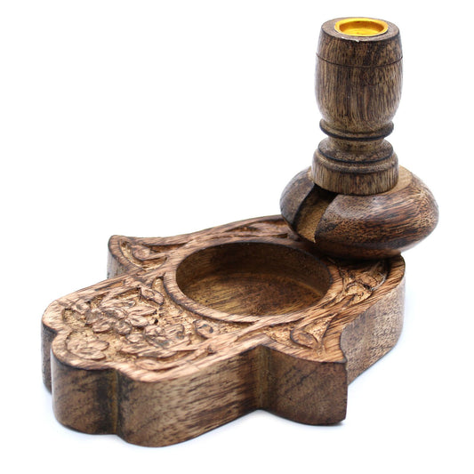 Sm Mango Wood Backflow Burner - Hamsa showcasing intricate carvings and the traditional Hamsa hand shape, perfect for adding a unique touch to any room. Ideal for creating a calming atmosphere and makes a thoughtful Christmas gift for home fragrance lovers.