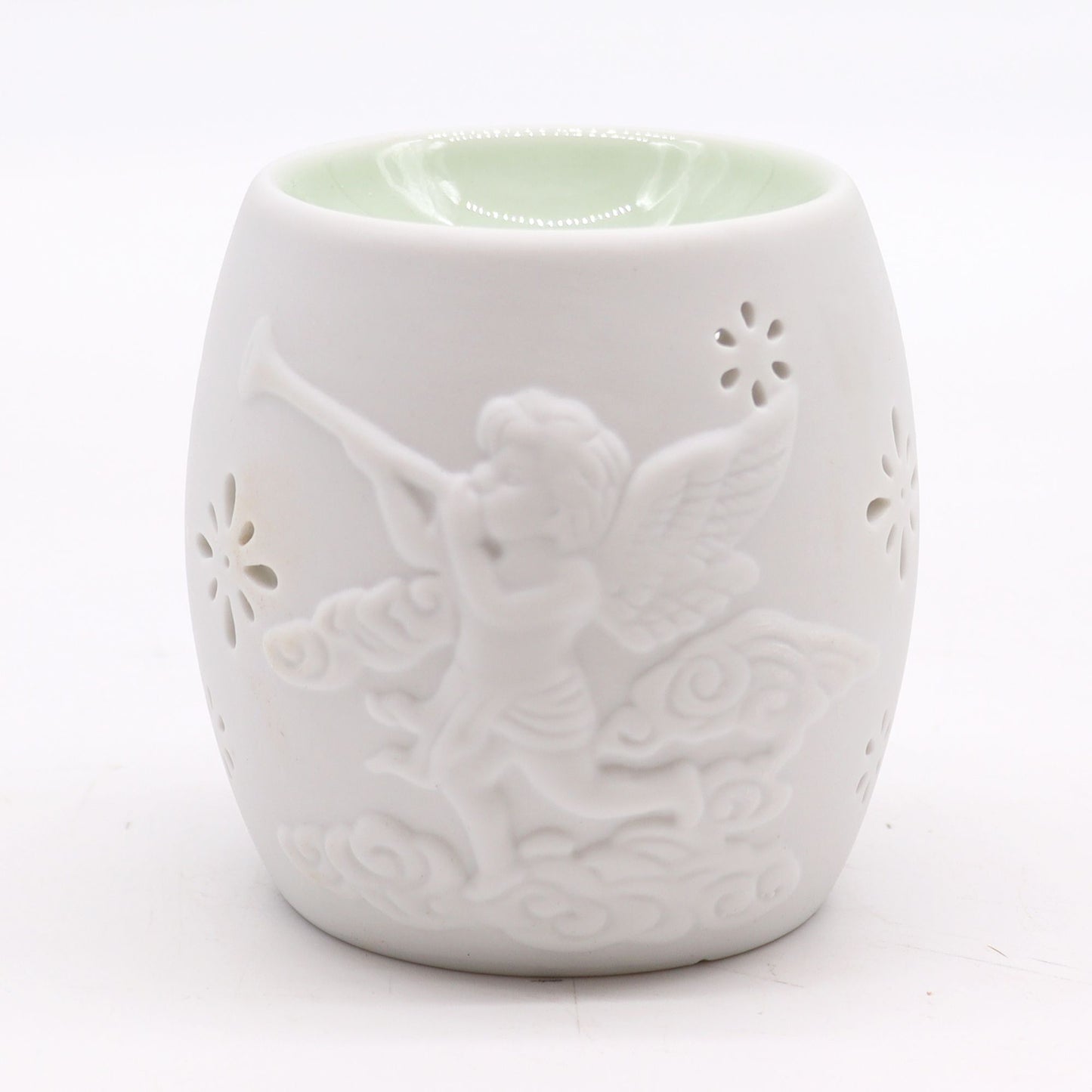 Elegant Cherubs Design Ceramic Oil Burners showcasing a playful cherub blowing a trumpet. This artistic burner adds charm to any room and serves as a lovely Christmas gift for anyone who appreciates home fragrances.