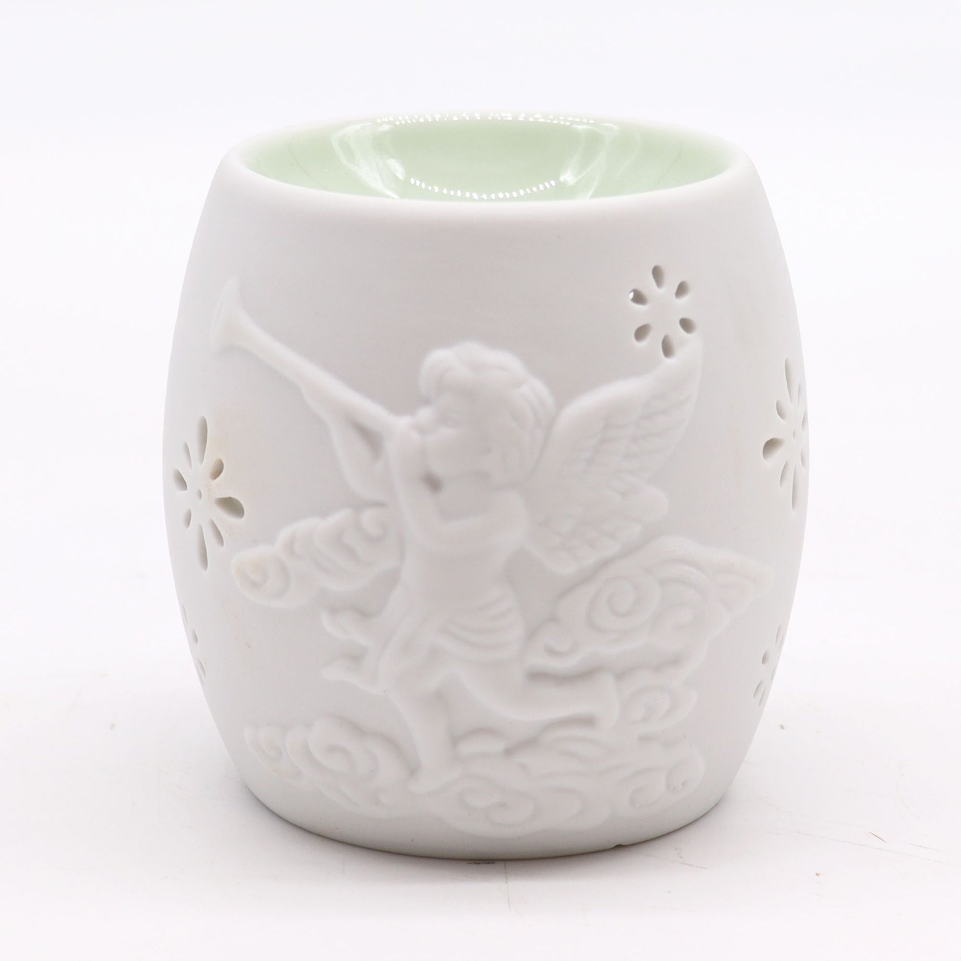 Elegant Cherubs Design Ceramic Oil Burners showcasing a playful cherub blowing a trumpet. This artistic burner adds charm to any room and serves as a lovely Christmas gift for anyone who appreciates home fragrances.