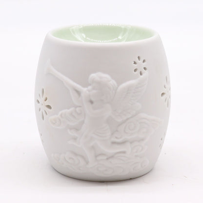 Elegant Cherubs Design Ceramic Oil Burners showcasing a playful cherub blowing a trumpet. This artistic burner adds charm to any room and serves as a lovely Christmas gift for anyone who appreciates home fragrances.