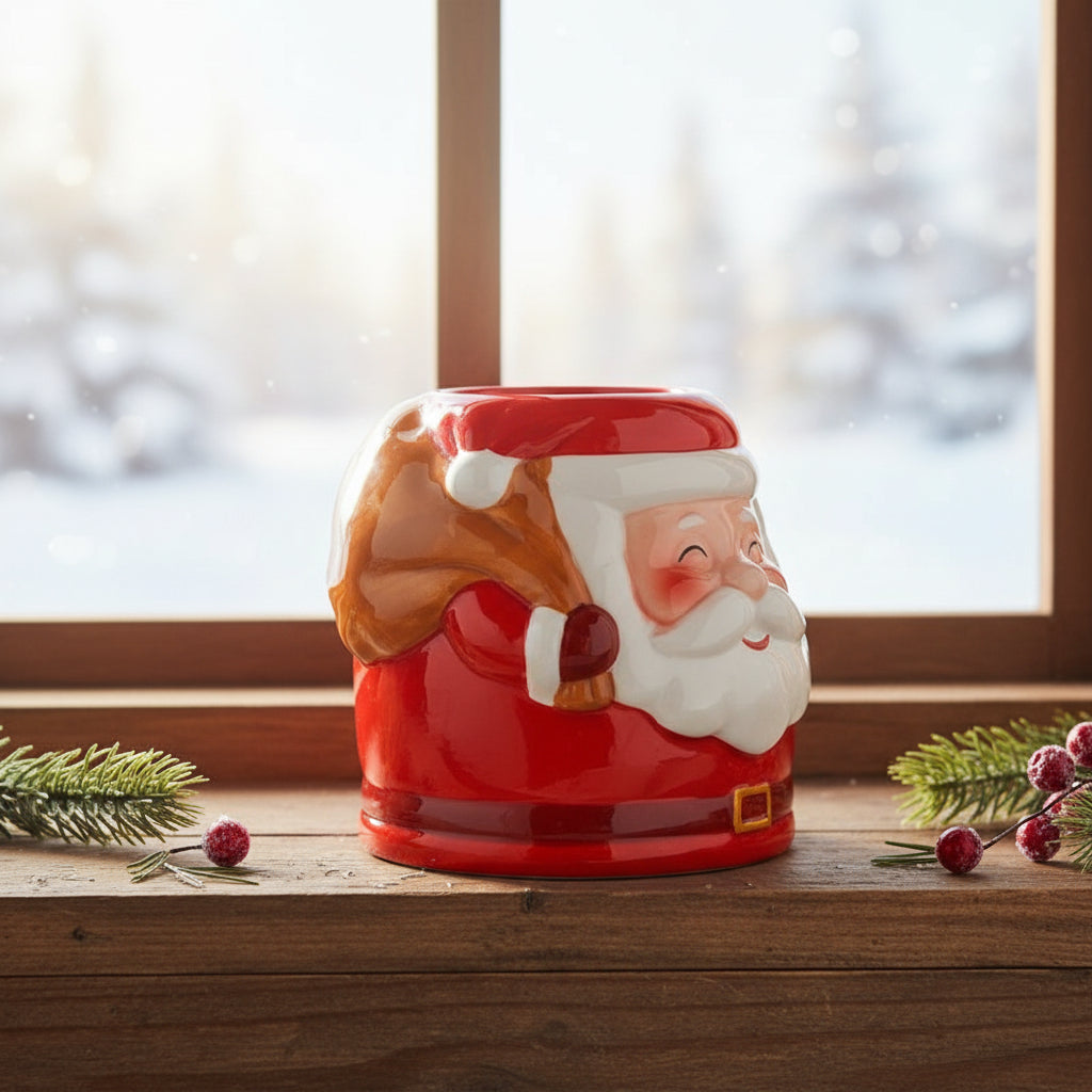 Close-up of Santa Ceramic Oil Burner – Festive Christmas Home Décor featuring its classic Santa design with a gift sack, enhancing your Christmas ambiance with home fragrance.