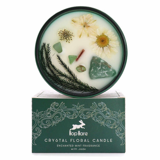 Hop Hare Crystal Flower Candle - Enchanted Mint with Jade Gemstone shown with delicate dry flowers, crystals, and an inviting scent. Perfect as a Christmas gift home fragrance.