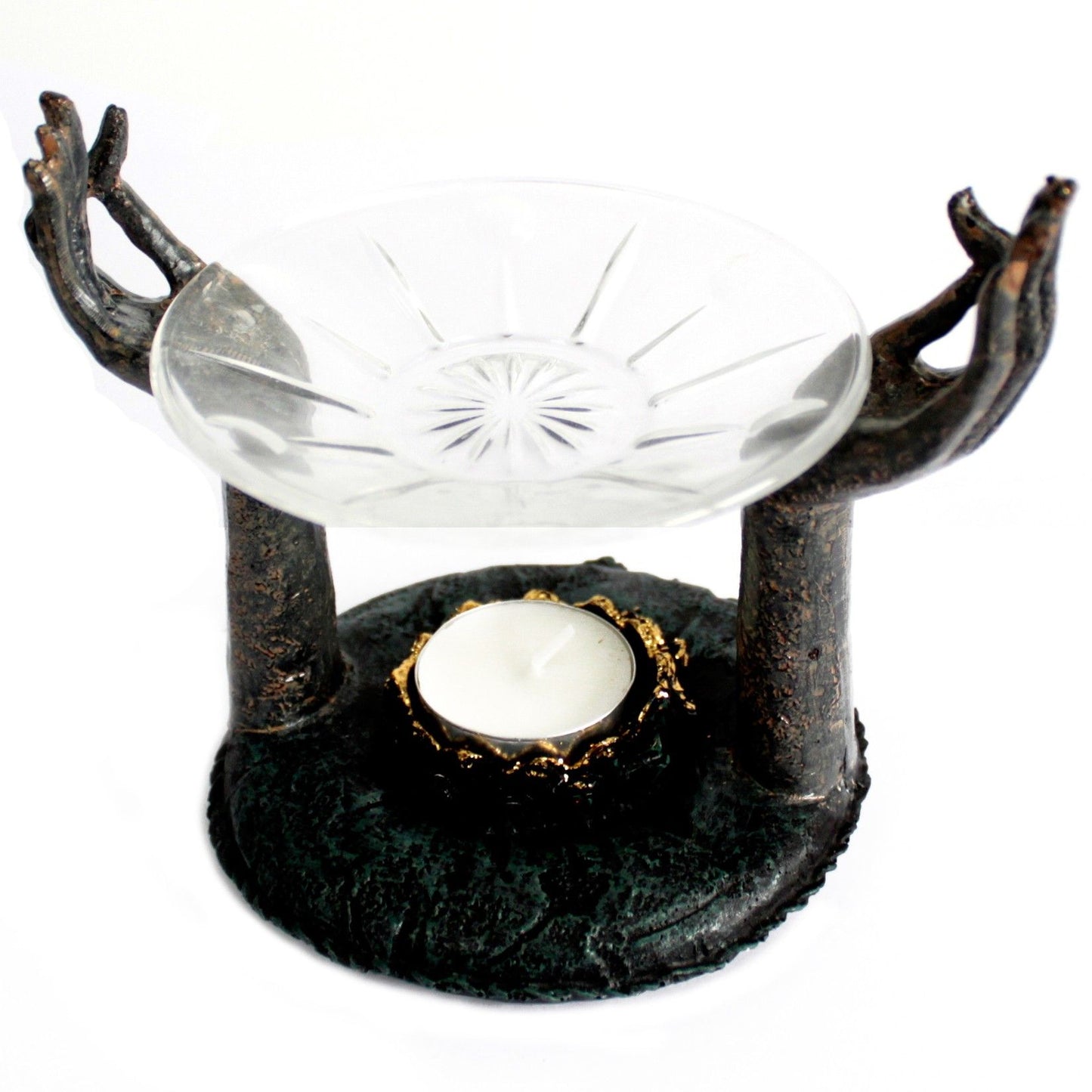 Antique Buddha Om Hands Oil Burner – Zen Home Decor featuring an elegant design with raised hands holding a glass oil dish and a candle holder, perfect for creating a relaxing atmosphere. This burner serves as a scent enhancer and makes a thoughtful Christmas Gift Home Fragrance.