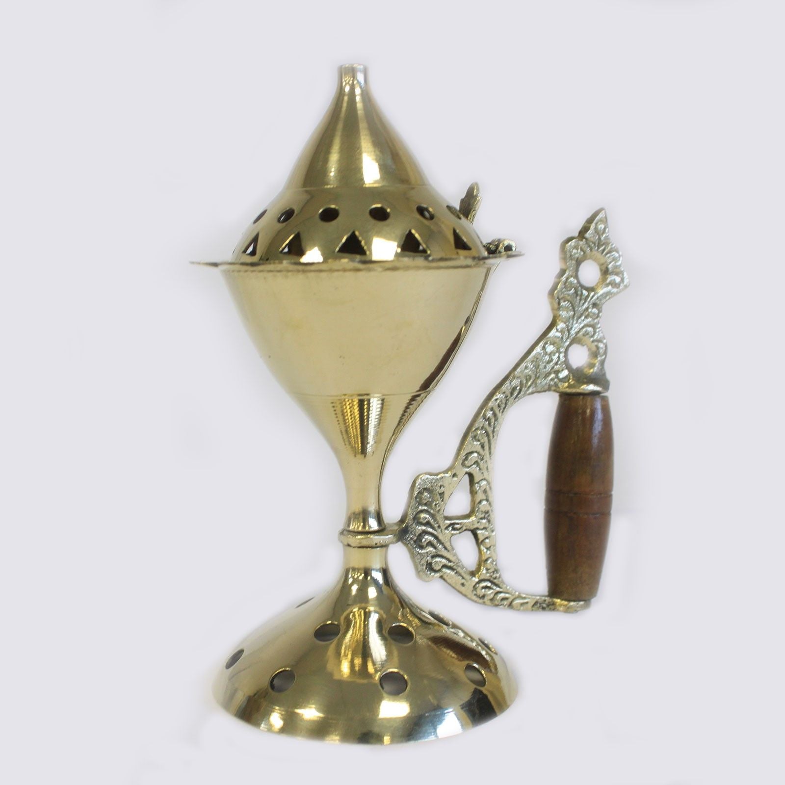 Elegant Brass Cone Incense Burner With Wooden Handle displayed prominently, designed for rituals and relaxing aromatic sessions. A fantastic choice for enhancing any living space, this burner is an exceptional Christmas gift for home fragrance lovers.