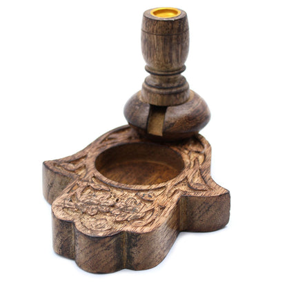 Sm Mango Wood Backflow Burner - Hamsa showcasing intricate carvings and a unique design, perfect for creating a calming atmosphere. Ideal as a Christmas Gift Home Fragrance.