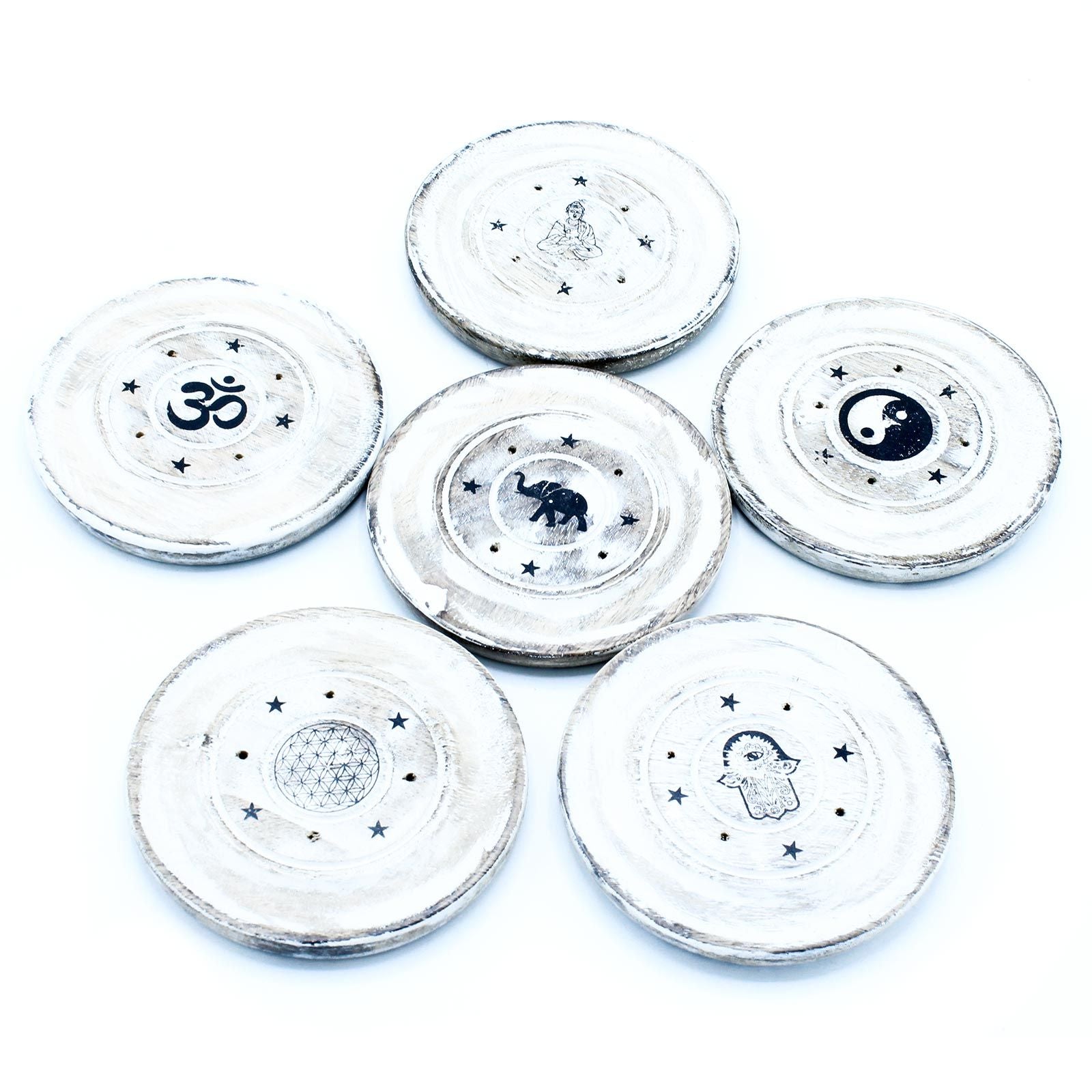 Elegant White Washed Incense Holder for Cone & Disc Sticks arranged stylishly, showcasing intricate symbols. This accessory elevates your living space and creates a relaxing ambience, making it an excellent choice for Christmas gifts in home fragrance.