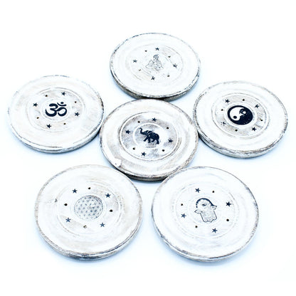 Elegant White Washed Incense Holder for Cone & Disc Sticks arranged stylishly, showcasing intricate symbols. This accessory elevates your living space and creates a relaxing ambience, making it an excellent choice for Christmas gifts in home fragrance.