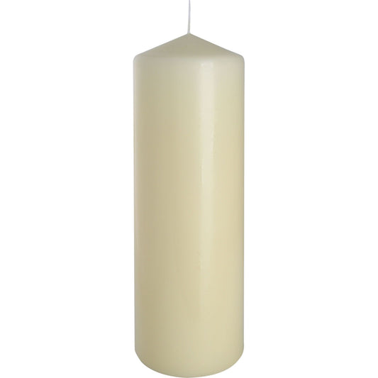 Ivory Pillar Candle 80x250mm displayed against a bright background, showcasing its elegant design. This long-lasting candle is perfect for creating a cosy vibe in any room, making it an ideal Christmas Gift Home Fragrance.