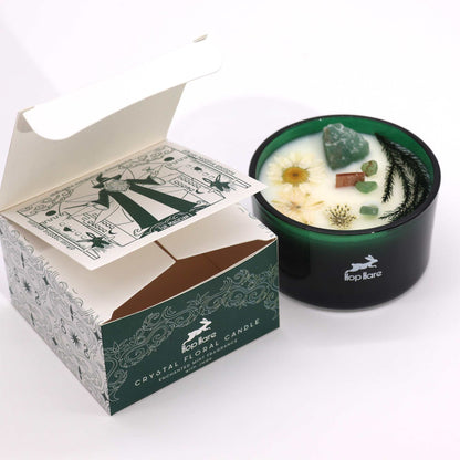 Hop Hare Crystal Flower Candle - Enchanted Mint with Jade Gemstone in packaging, showcasing its beautiful design and fragrance notes. Ideal for a Christmas gift home fragrance.