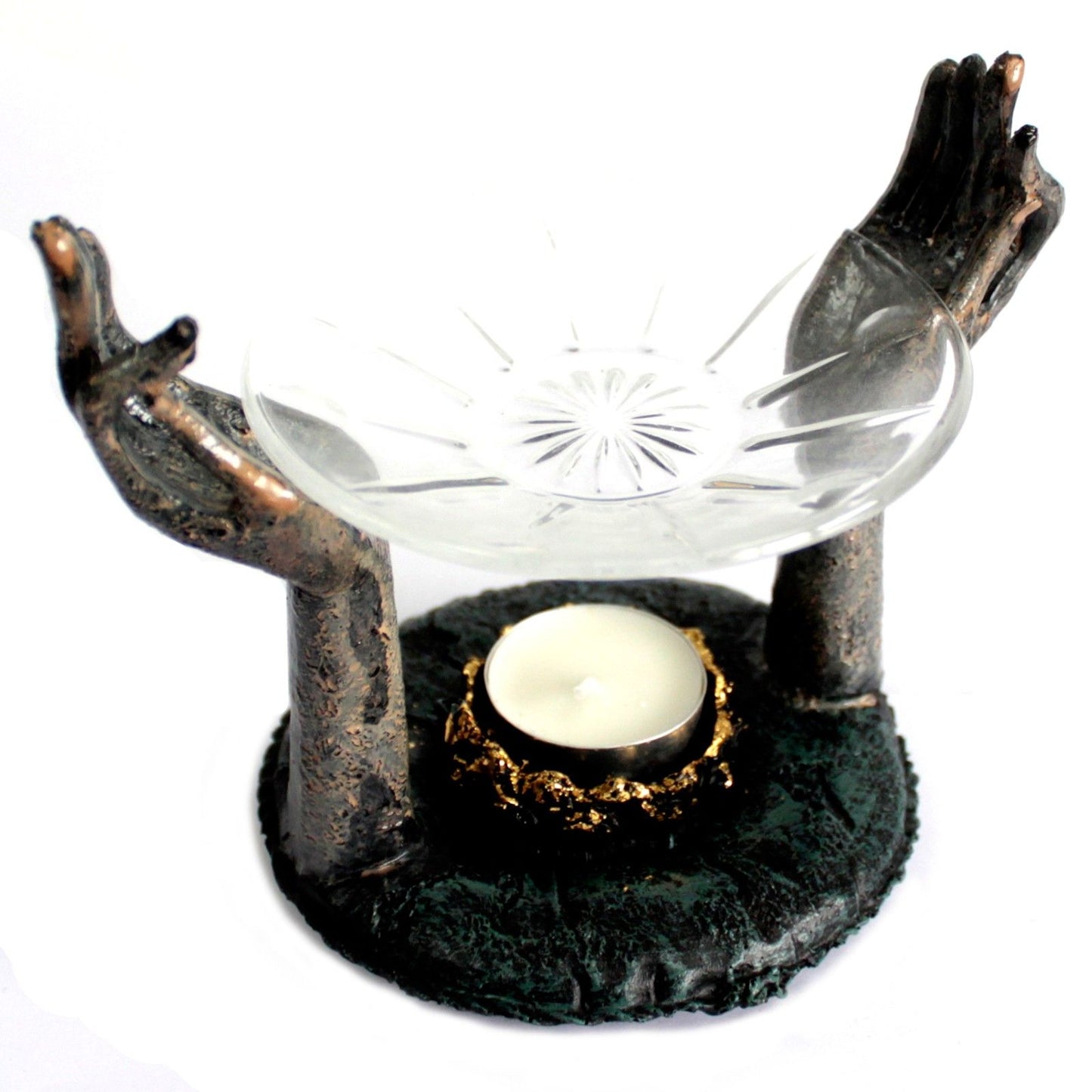 Antique Buddha Om Hands Oil Burner – Zen Home Decor showcasing intricate hands that cradle a glass dish for oils and a candle holder, ideal for inviting serenity into any space. A great choice for a Christmas Gift Home Fragrance.