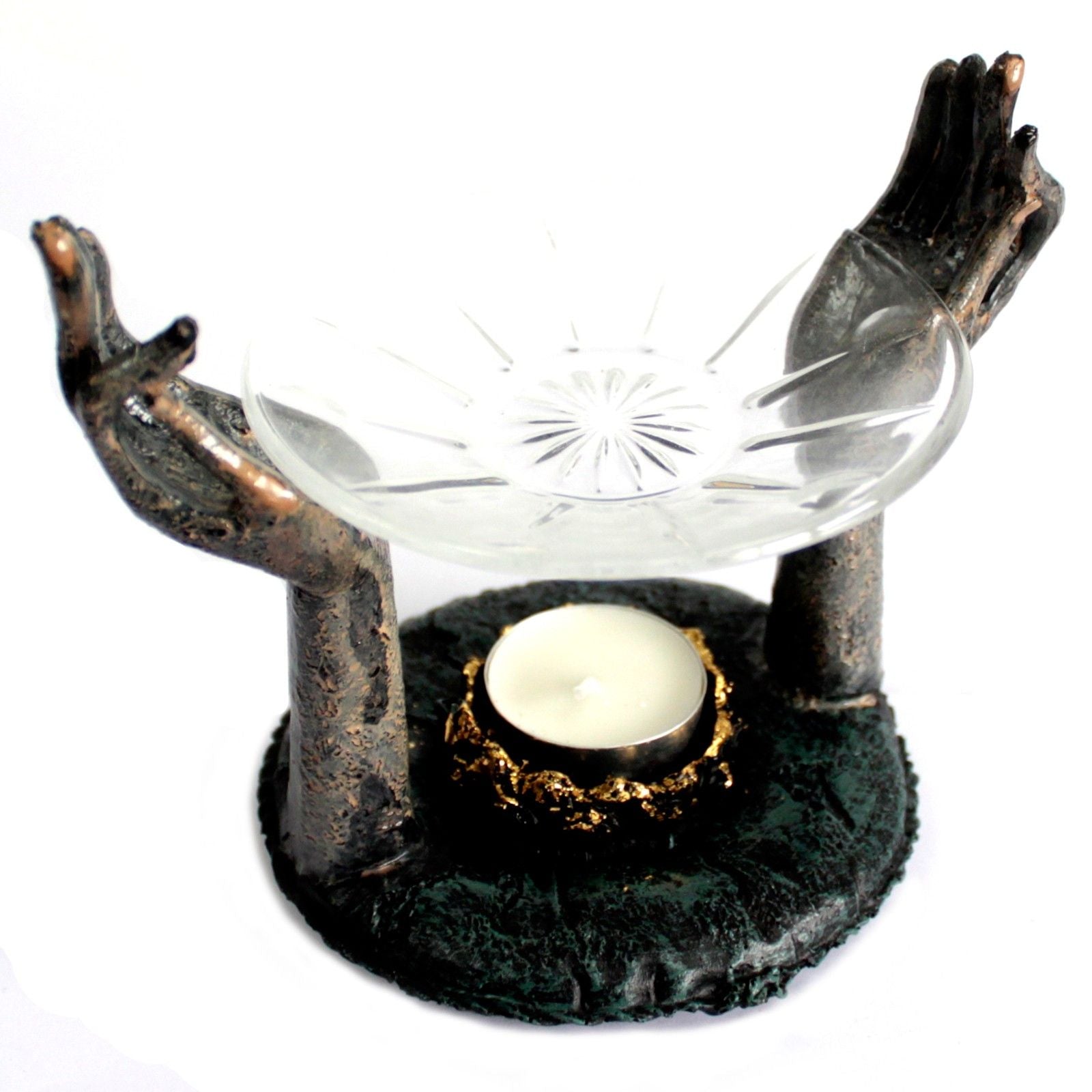 Antique Buddha Om Hands Oil Burner – Zen Home Decor showcasing intricate hands that cradle a glass dish for oils and a candle holder, ideal for inviting serenity into any space. A great choice for a Christmas Gift Home Fragrance.