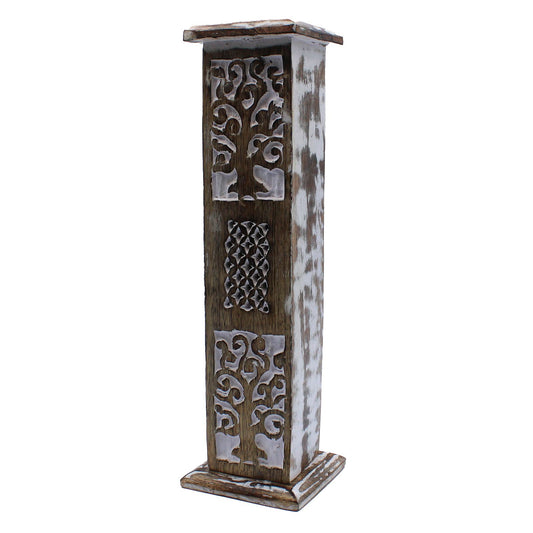 Elegant White Washed Smoke Tower Incense Holder – Unique Home Décor, showcasing a beautifully crafted design with intricate patterns, perfect for enhancing relaxation and creating a cozy atmosphere – Christmas Gift Home Fragrance.