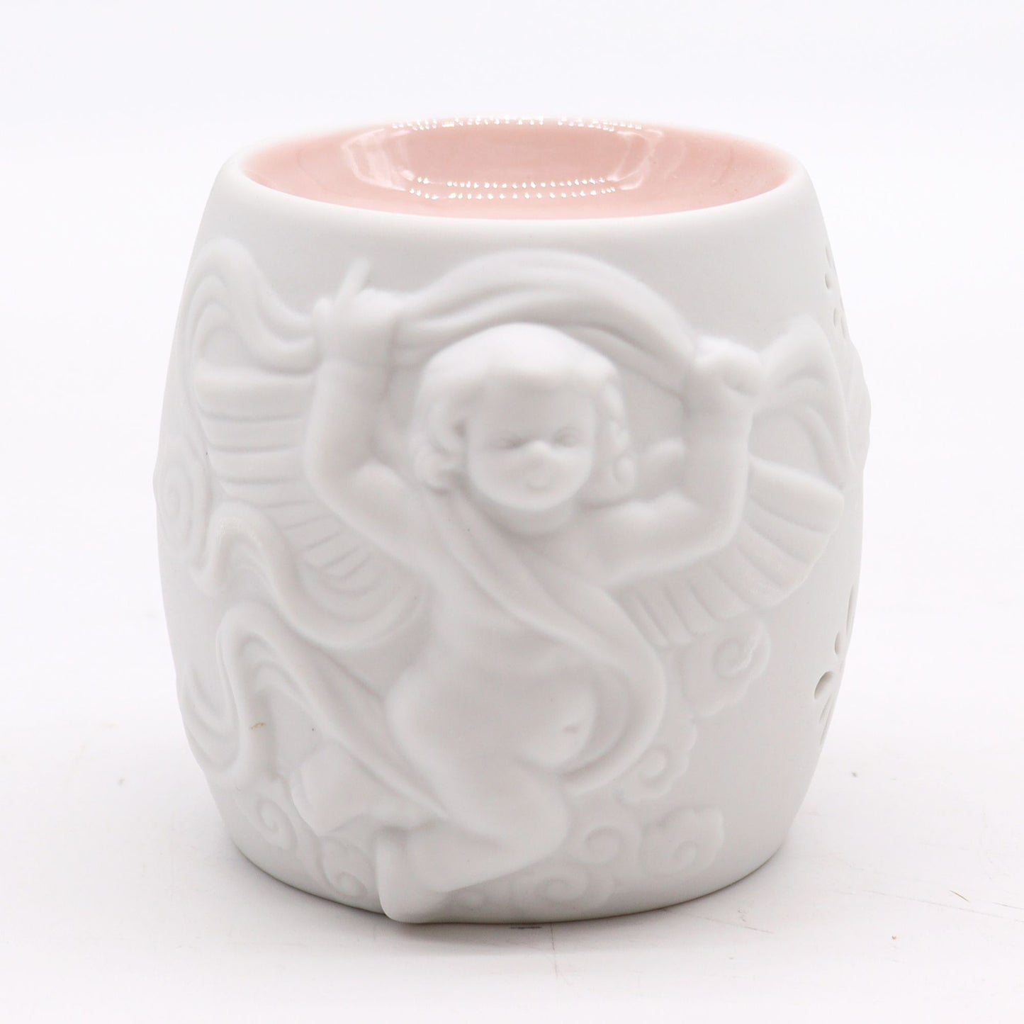 Elegant Cherubs Design Ceramic Oil Burners showcasing a charming cherub in flight. A delightful addition to your home decor, offering a warm glow as a Christmas gift for fragrance enthusiasts.