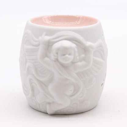 Elegant Cherubs Design Ceramic Oil Burners showcasing a charming cherub in flight. A delightful addition to your home decor, offering a warm glow as a Christmas gift for fragrance enthusiasts.