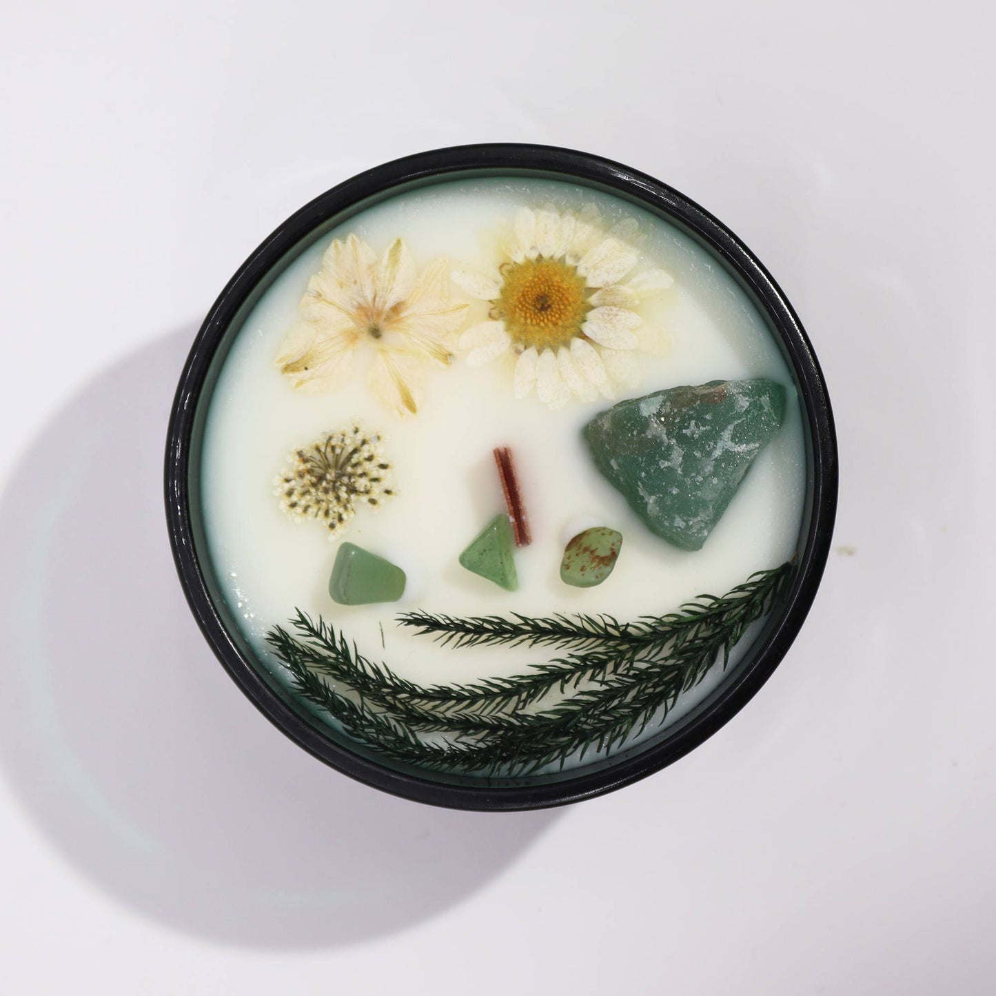 Hop Hare Crystal Flower Candle - Enchanted Mint with Jade Gemstone showcasing delicate dry flowers and jade crystals on top, perfect for creating a soothing atmosphere. This enchanting mint scented product type is an ideal Christmas gift for home fragrance lovers.