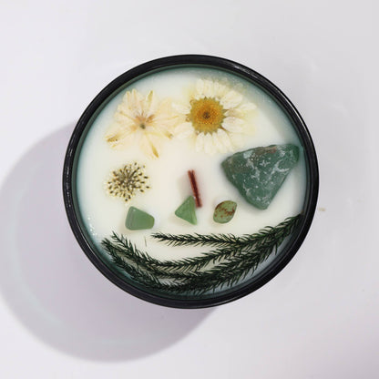 Hop Hare Crystal Flower Candle - Enchanted Mint with Jade Gemstone showcasing delicate dry flowers and jade crystals on top, perfect for creating a soothing atmosphere. This enchanting mint scented product type is an ideal Christmas gift for home fragrance lovers.