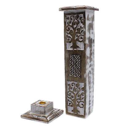 Elegant White Washed Smoke Tower Incense Holder shown with detailed carvings and a base, providing an enchanting touch to your decor. It’s perfect for creating a tranquil ambiance and makes a lovely Christmas gift home fragrance.