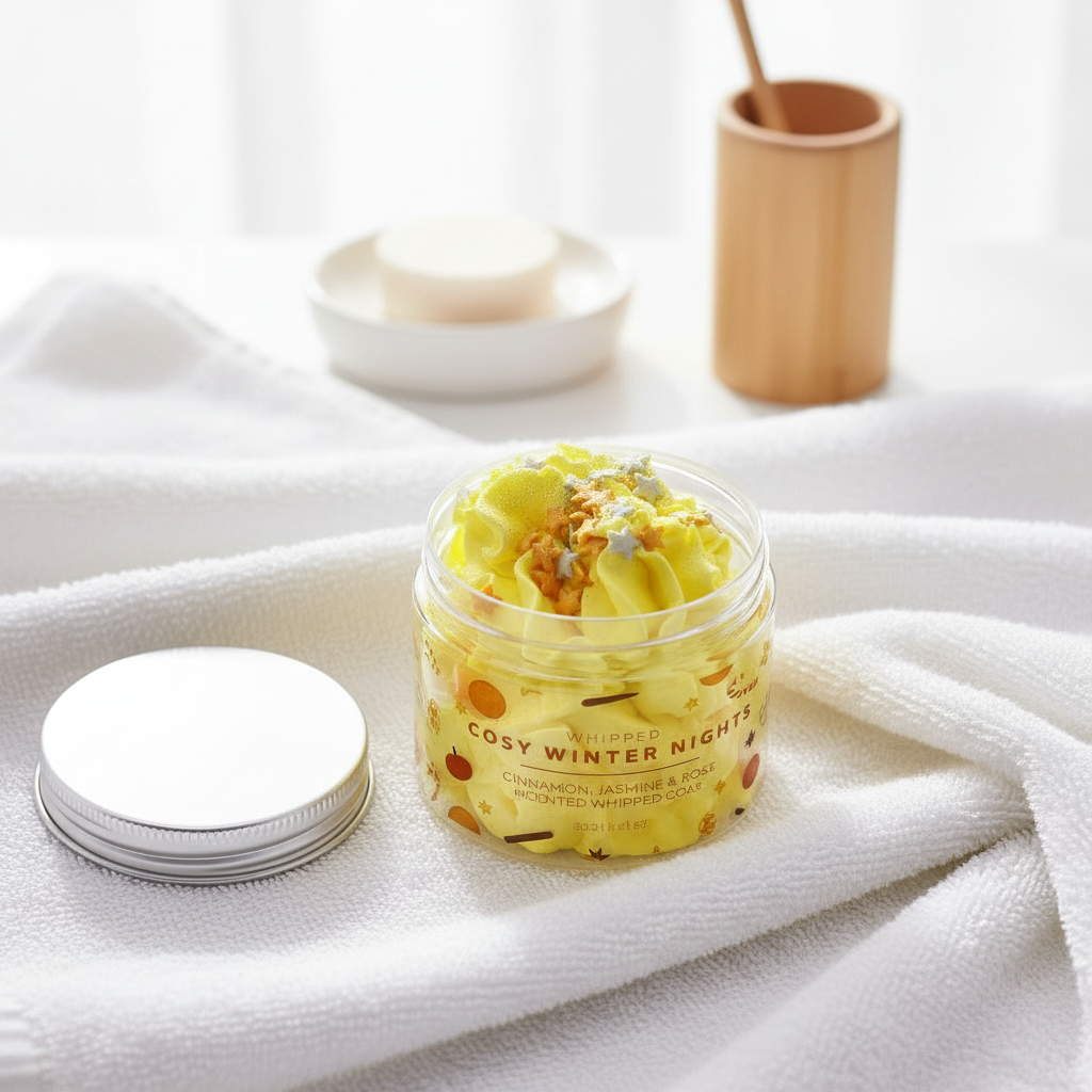 A luxurious 120g whipped soap for winter, designed to nourish skin with comforting aromas, ideal for gifting during the festive season.