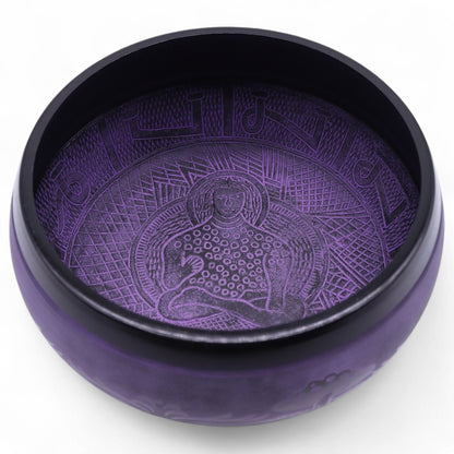 Inside view of the Extra Loud Purple Haze Singing Bowl, displaying a serene meditating figure, perfect for promoting deep relaxation. This unique {{scent}} {{product_type}} – Christmas Gift Home Fragrance enhances any meditation space.