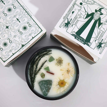 Hop Hare Crystal Flower Candle - Enchanted Mint with Jade Gemstone viewed with its packaging, featuring a beautiful selection of crystals and flowers. This aromatic mint candle makes a great Christmas gift, enriching any space with delightful home fragrance.