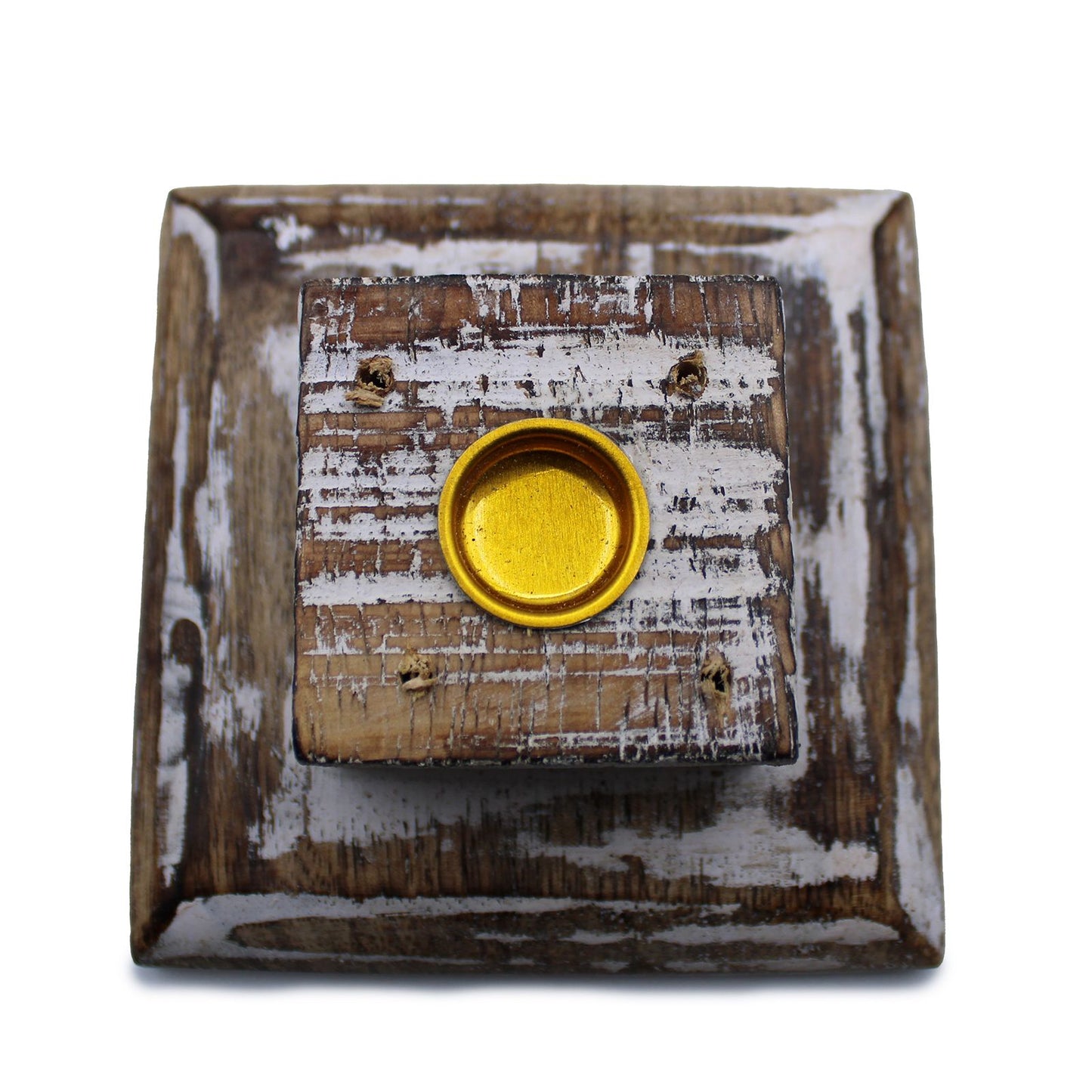 Top view of the Elegant White Washed Smoke Tower Incense Holder featuring a square base and a golden incense holder, perfect for creating a serene atmosphere in your home. Ideal for enhancing relaxation and making a unique Christmas gift home fragrance.